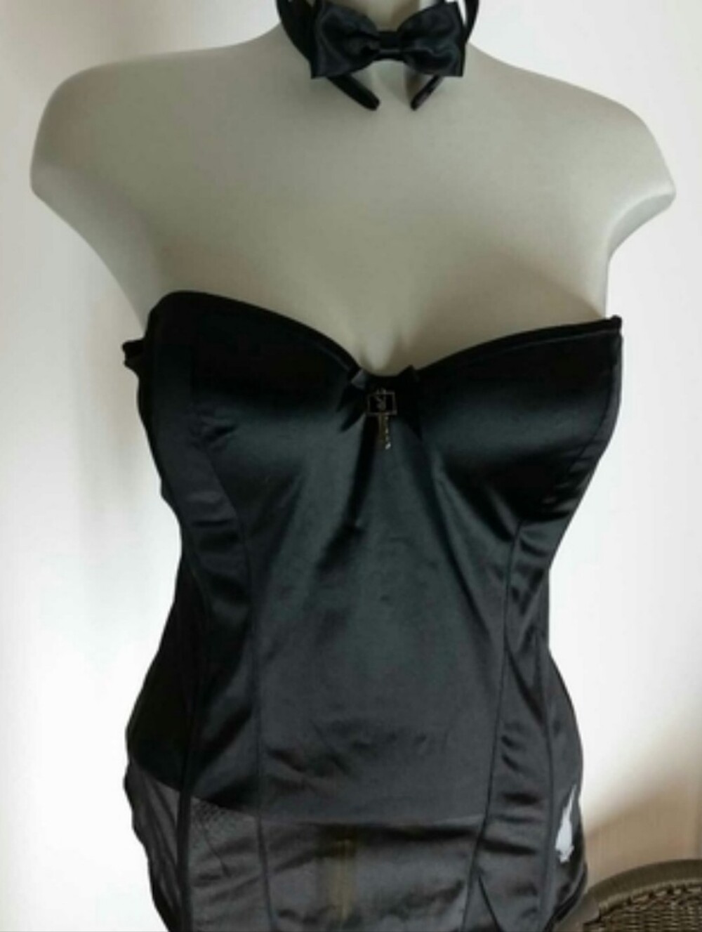 PLAYBOY 5 Pcs. Black Satin Corset With Boyshorts, 2 Wrist Cuffs & Bow Tie - L